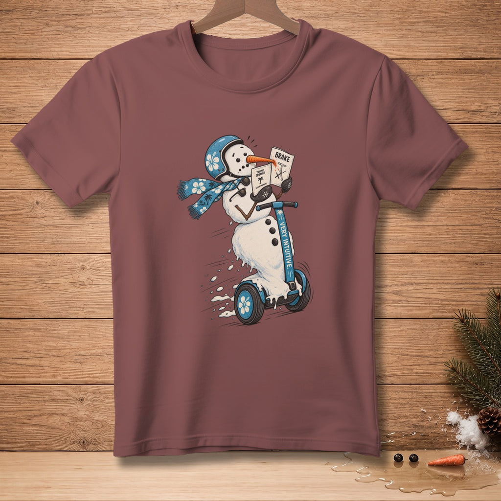 Snowman on a Segway reads a sign that says "BRAKE".