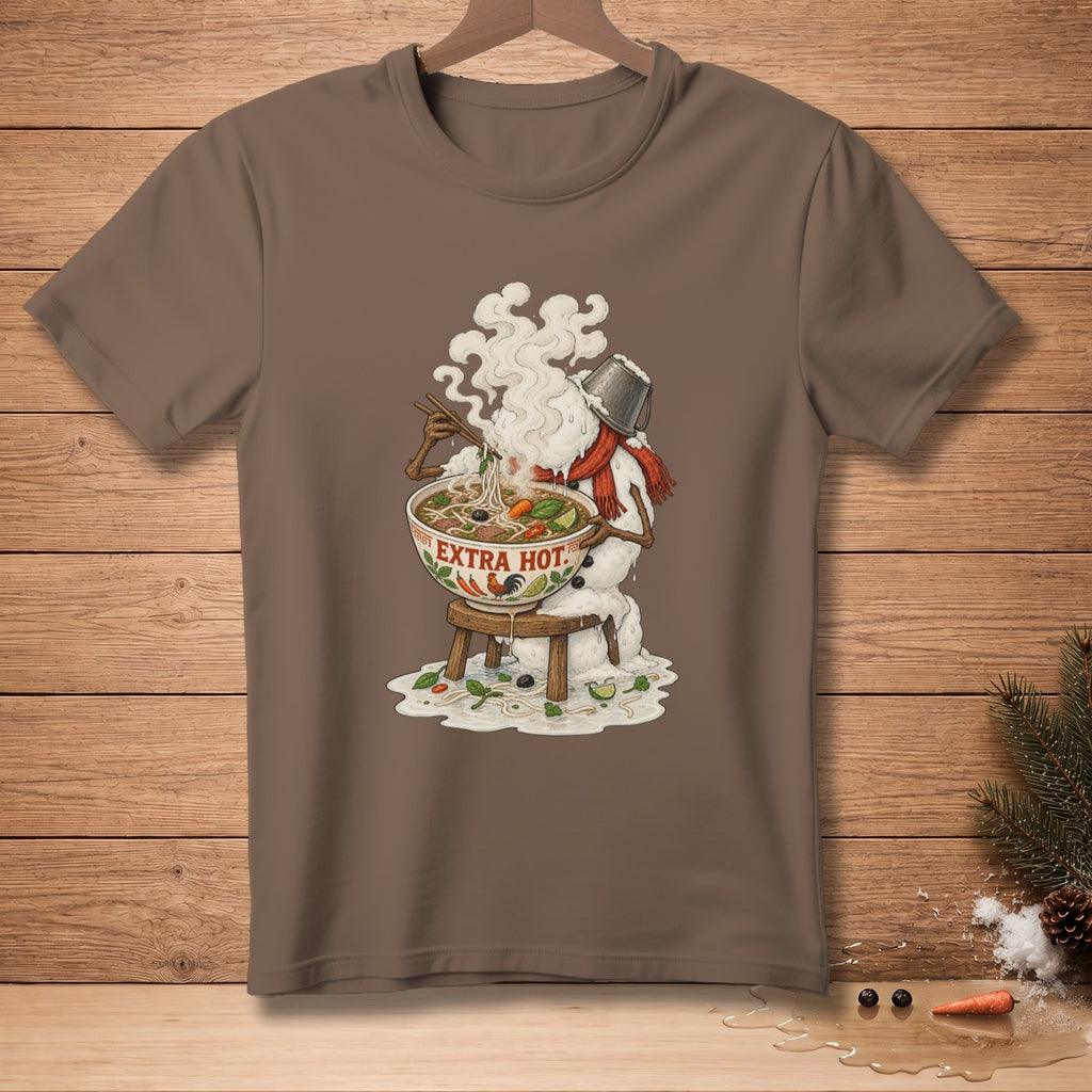 Brown t-shirt with a graphic of a snowman eating steaming pho, with "EXTRA HOT" text.