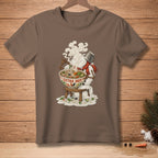Brown t-shirt with a graphic of a snowman eating steaming pho, with "EXTRA HOT" text.