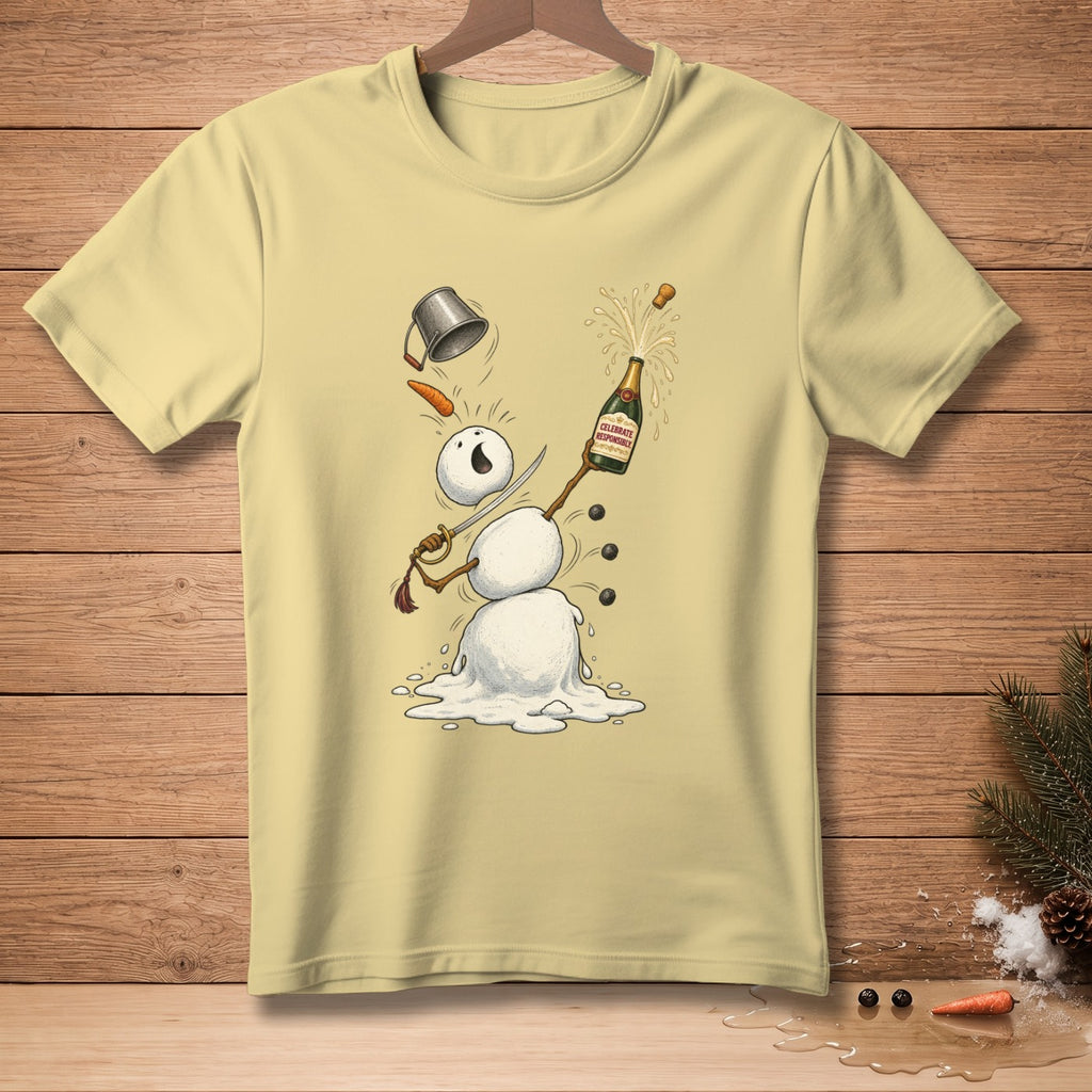 Melting snowman with champagne bottle, sword, and bucket on a pale yellow t-shirt.