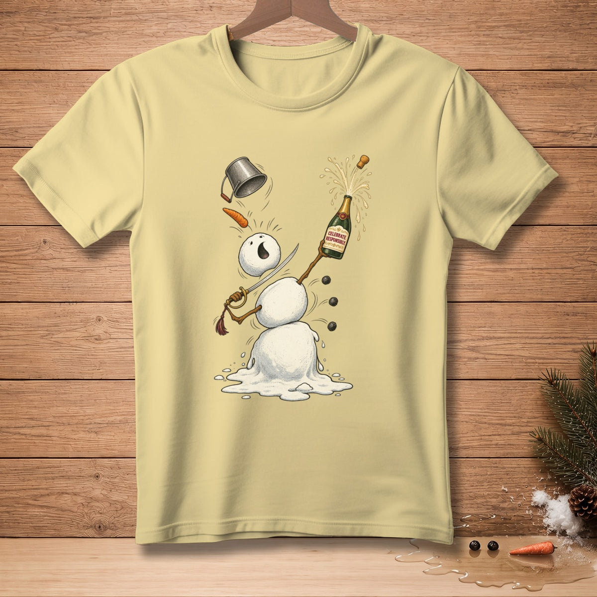 Melting snowman with champagne bottle, sword, and bucket on a pale yellow t-shirt.