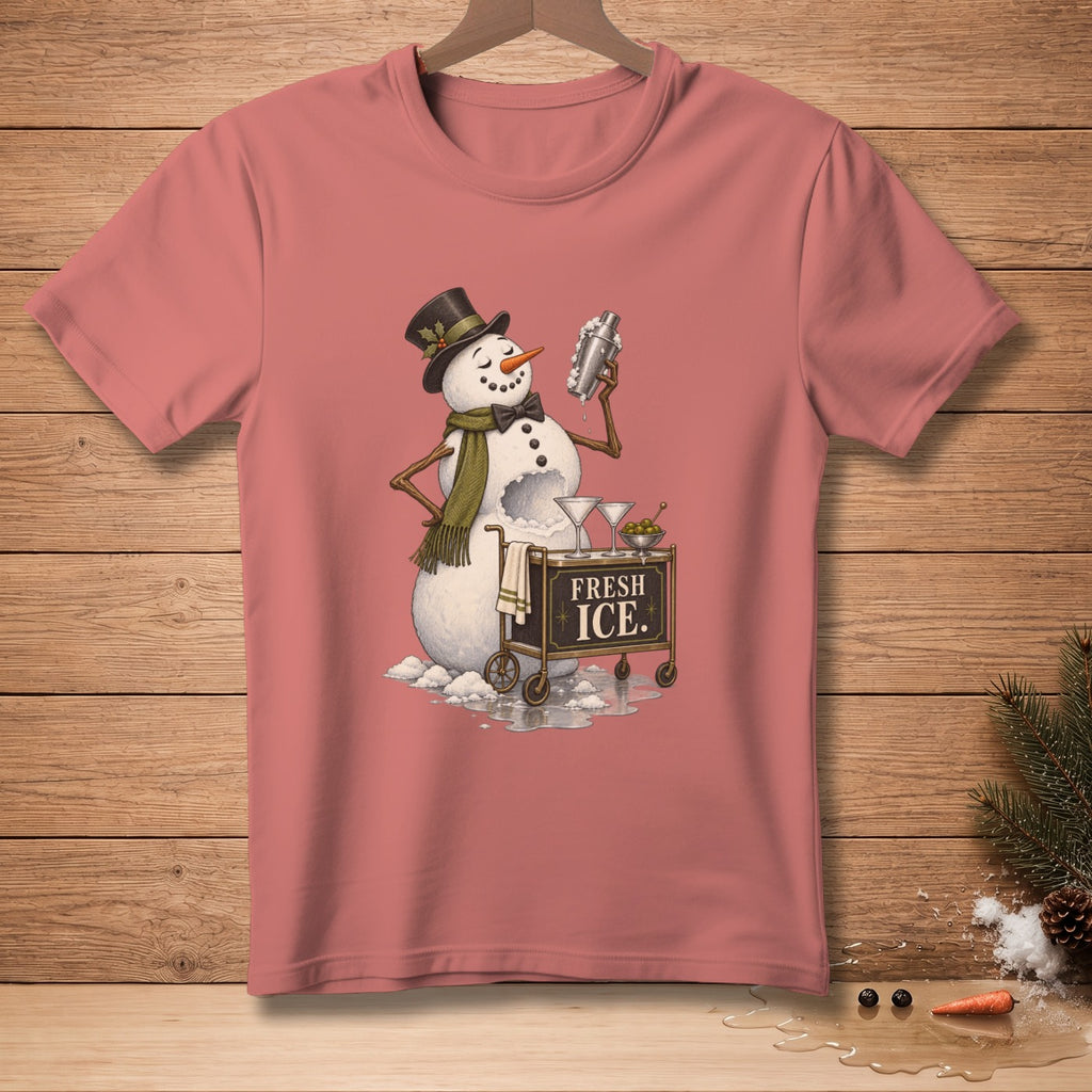 Snowman in top hat making drinks from a cart labeled "FRESH ICE."