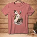 Snowman in top hat making drinks from a cart labeled "FRESH ICE."