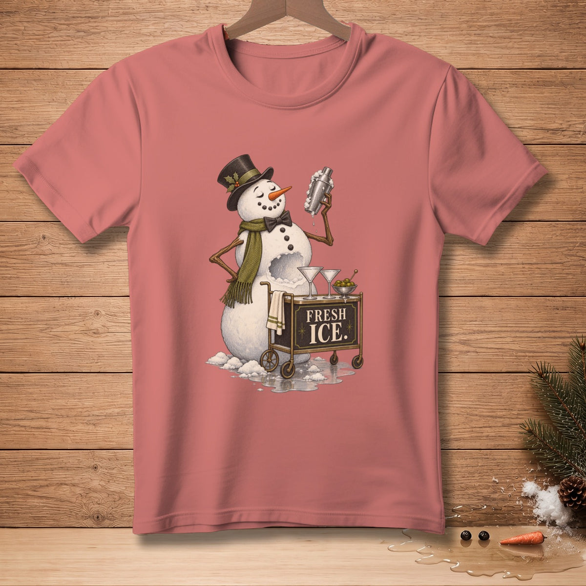 Snowman in top hat making drinks from a cart labeled "FRESH ICE."