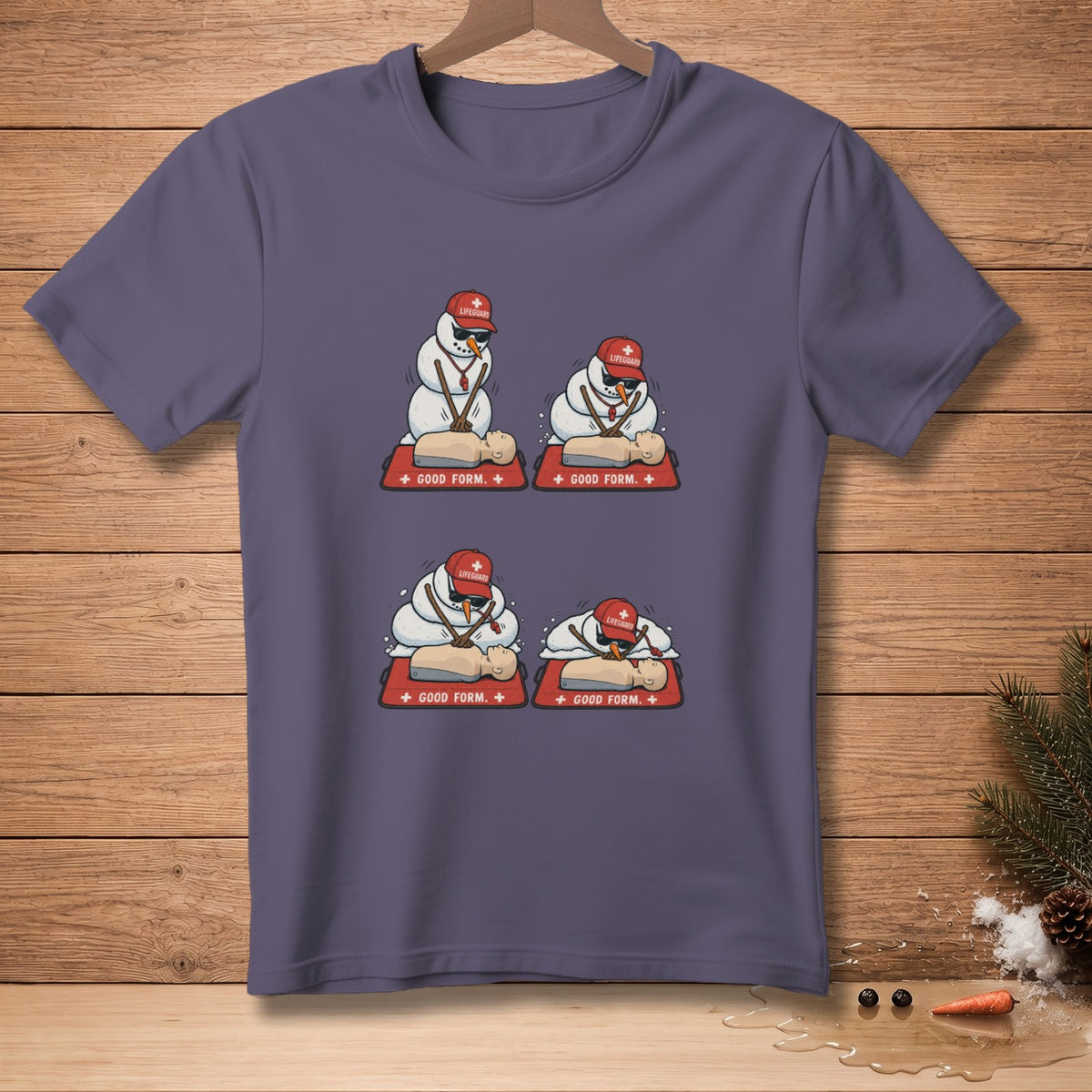 Snowmen lifeguards practicing CPR on a CPR dummy, with text "Good Form."