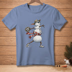 T-shirt with a cartoon snowman wearing a hat, sunglasses, and scarf, holding a sign that says "WIND UP."