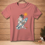 Snowman wearing sunglasses and bucket hat holds surfboard with text "READY TO SHRED".