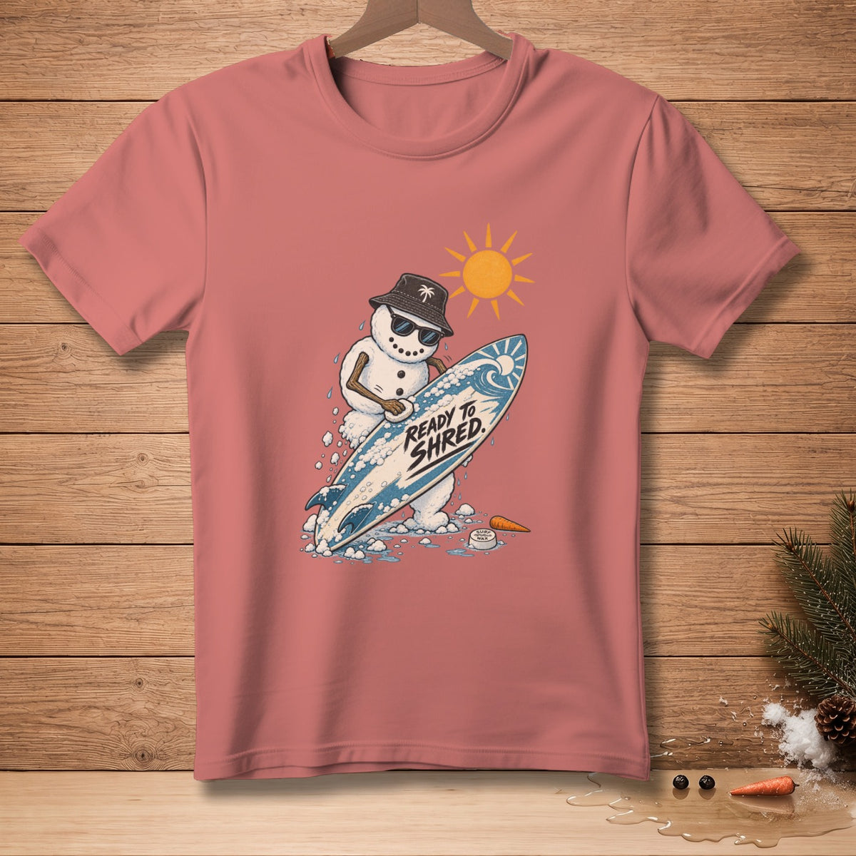 Snowman wearing sunglasses and bucket hat holds surfboard with text "READY TO SHRED".