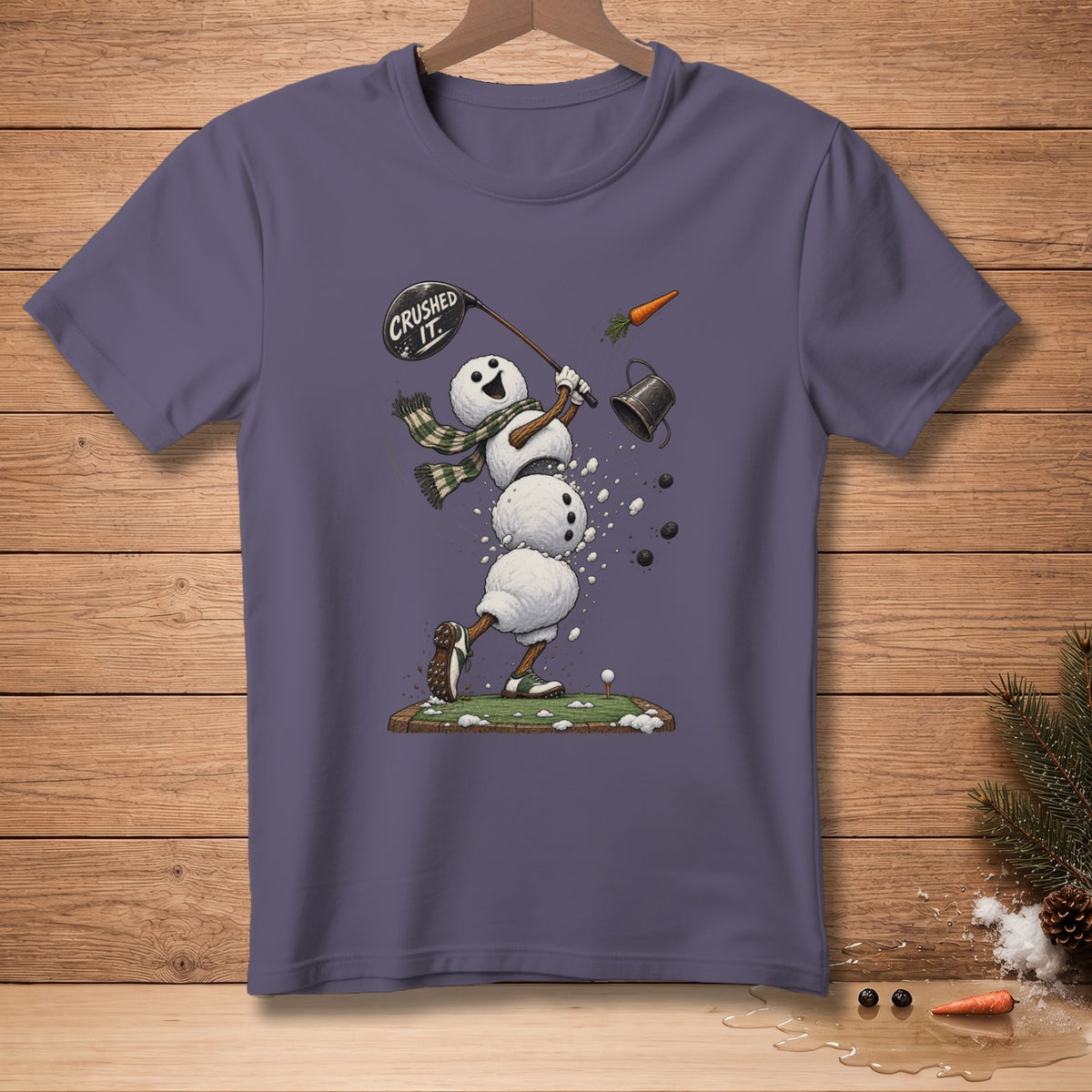 Snowman golfer mid-swing with a golf club that says "Crushed It."