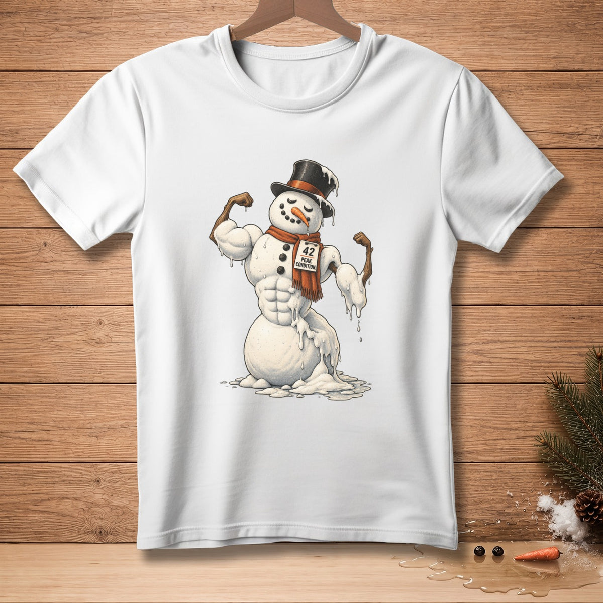 White t-shirt with melting snowman flexing with "42 Peak Condition" tag.