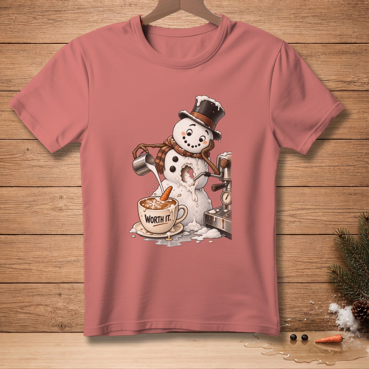 Snowman with top hat making coffee in a mug that says "WORTH IT."