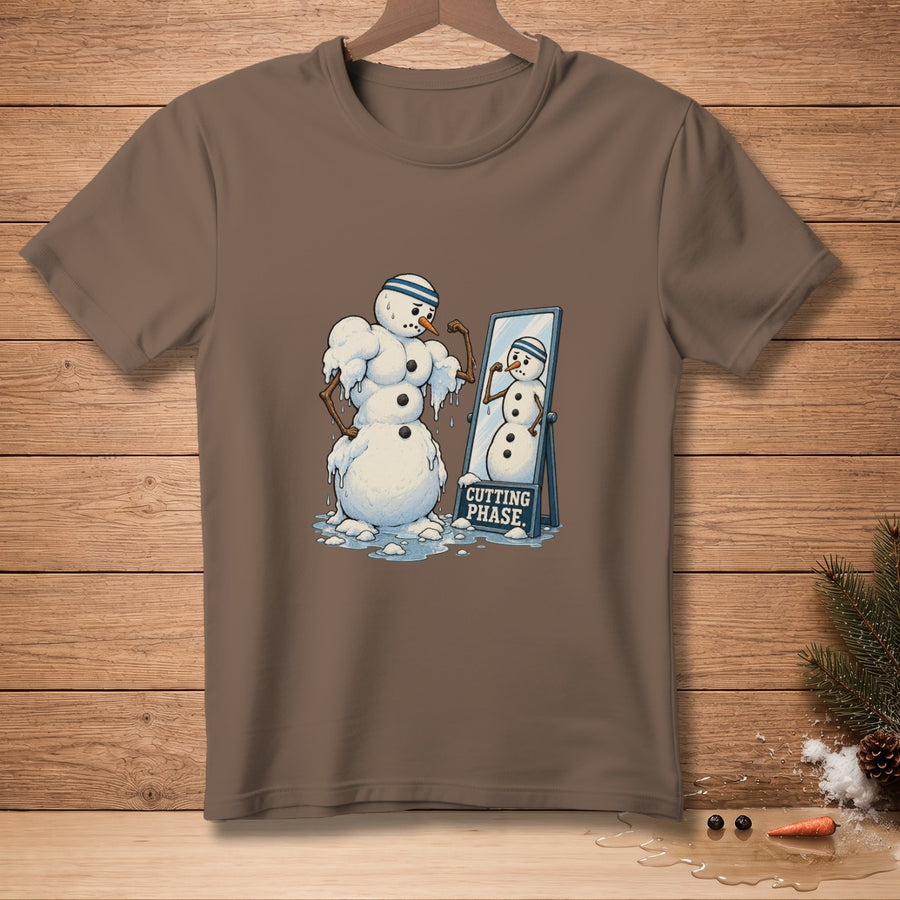 Snowman flexing in mirror with "Cutting Phase" sign.