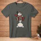 Snowman in top hat and scarf playing accordion with "Feel the Music" text.