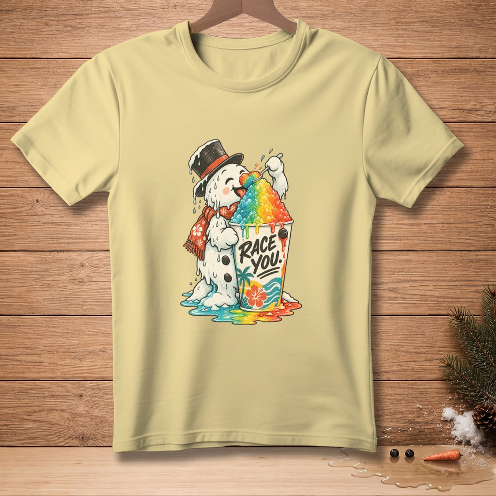 Melting snowman in top hat with scarf eating rainbow shaved ice with "Race You" text.
