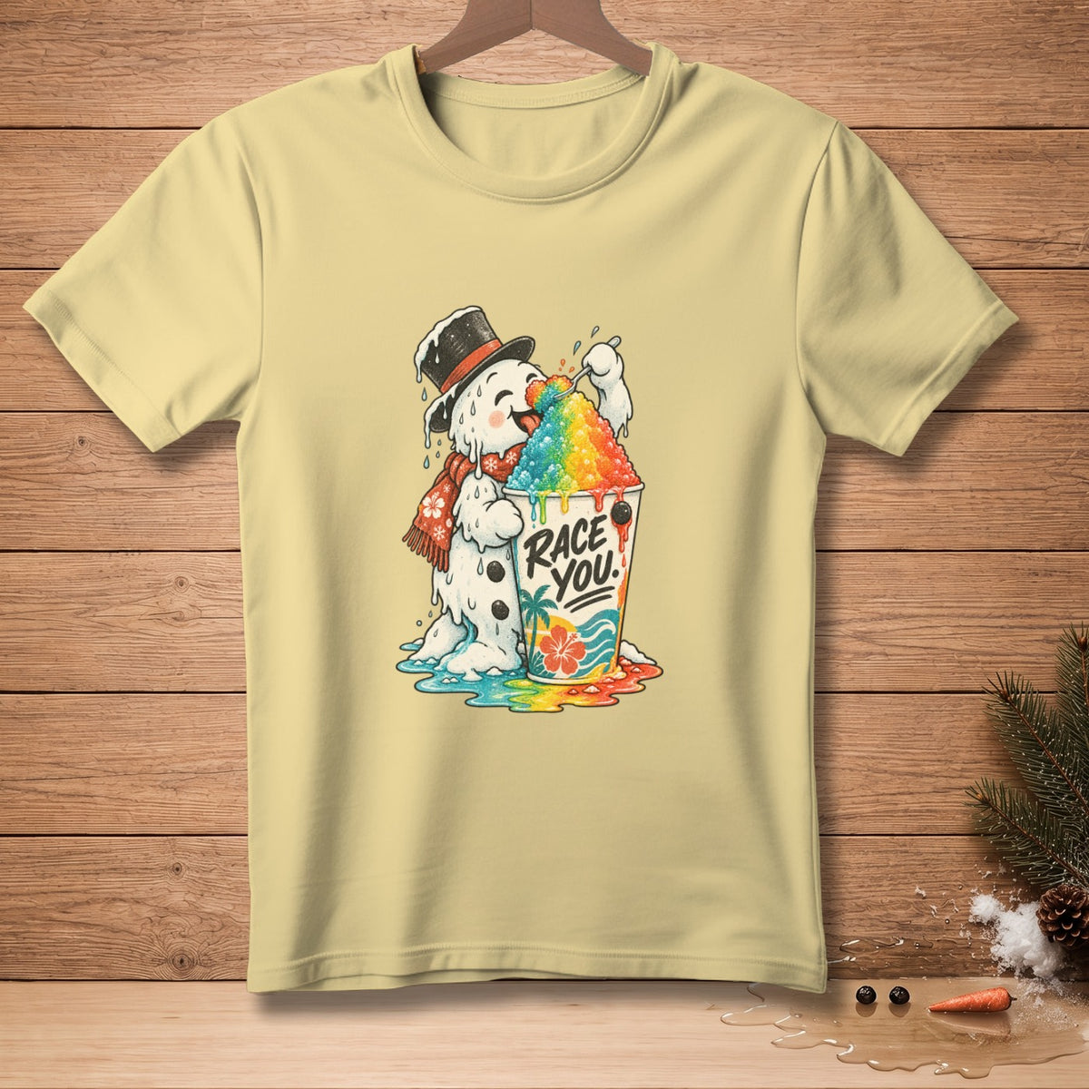 Melting snowman in top hat with scarf eating rainbow shaved ice with "Race You" text.