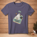 Melting snowman with sunglasses and cocktail on a beach towel, reads "Vacation Mode".