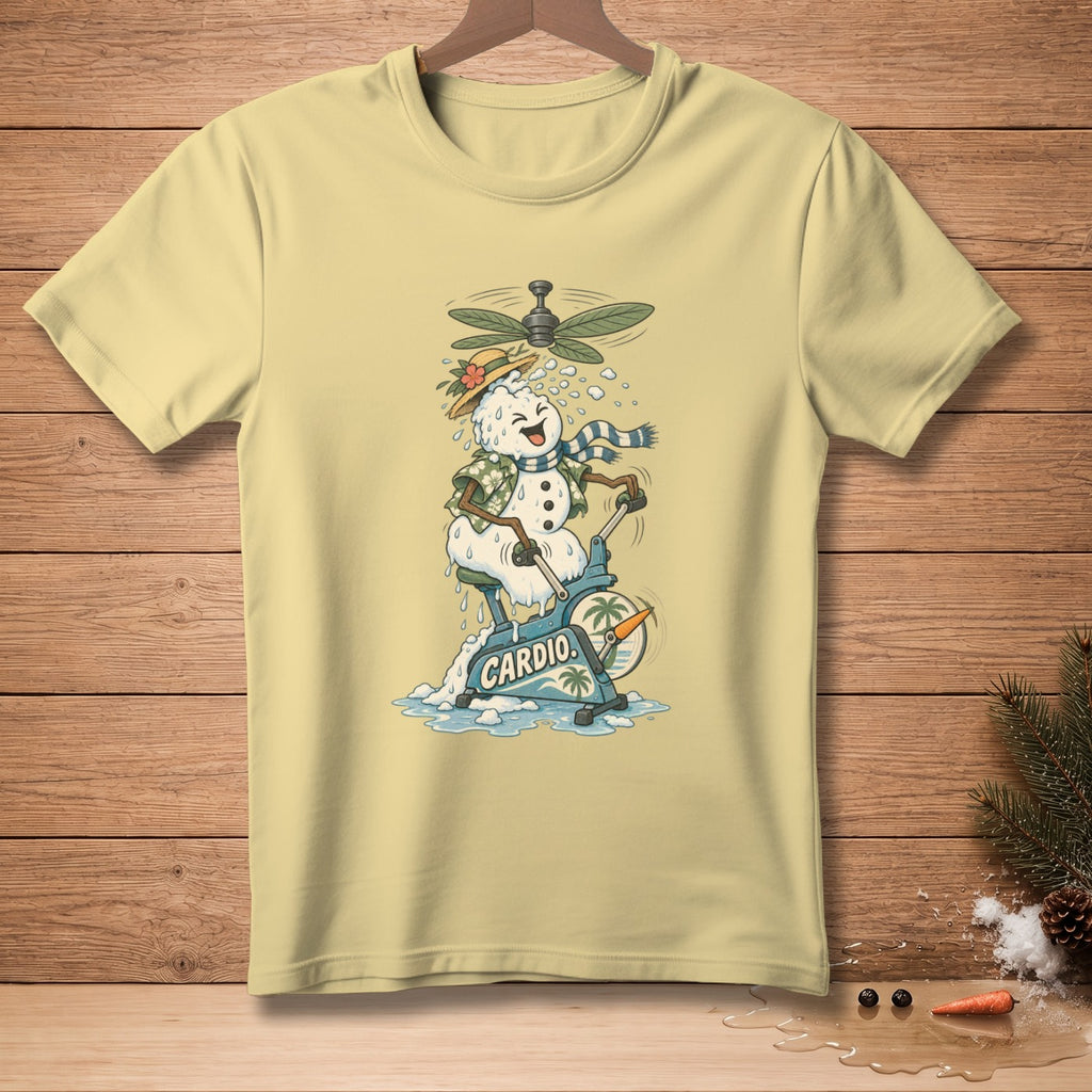 Snowman on stationary bike with "CARDIO" text, melting under a fan.