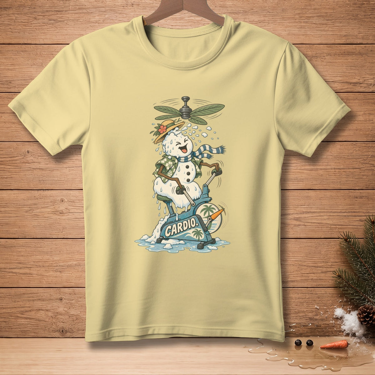 Snowman on stationary bike with "CARDIO" text, melting under a fan.