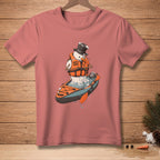 Snowman in kayak wearing life vest with "Safety First" text.
