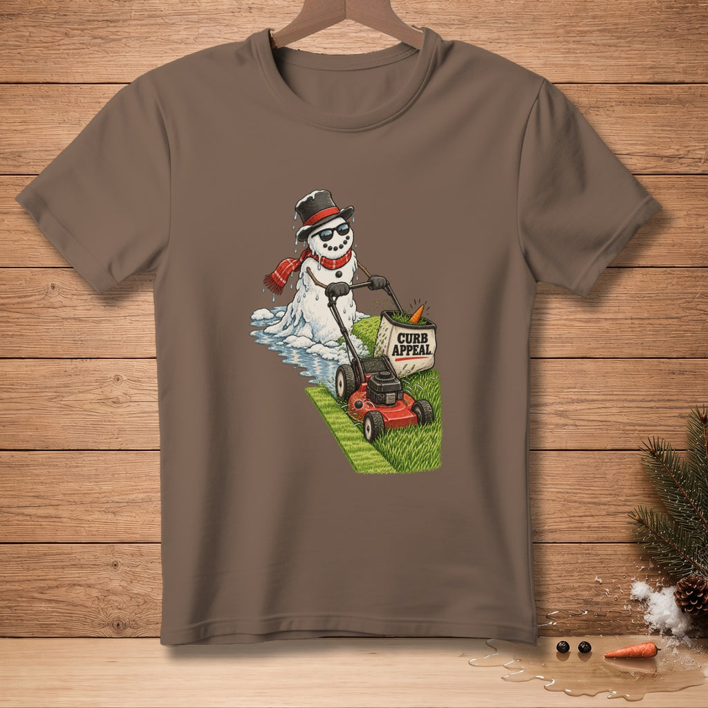 Snowman in sunglasses mowing grass with "Curb Appeal" text on basket.