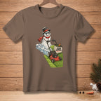Snowman in sunglasses mowing grass with "Curb Appeal" text on basket.
