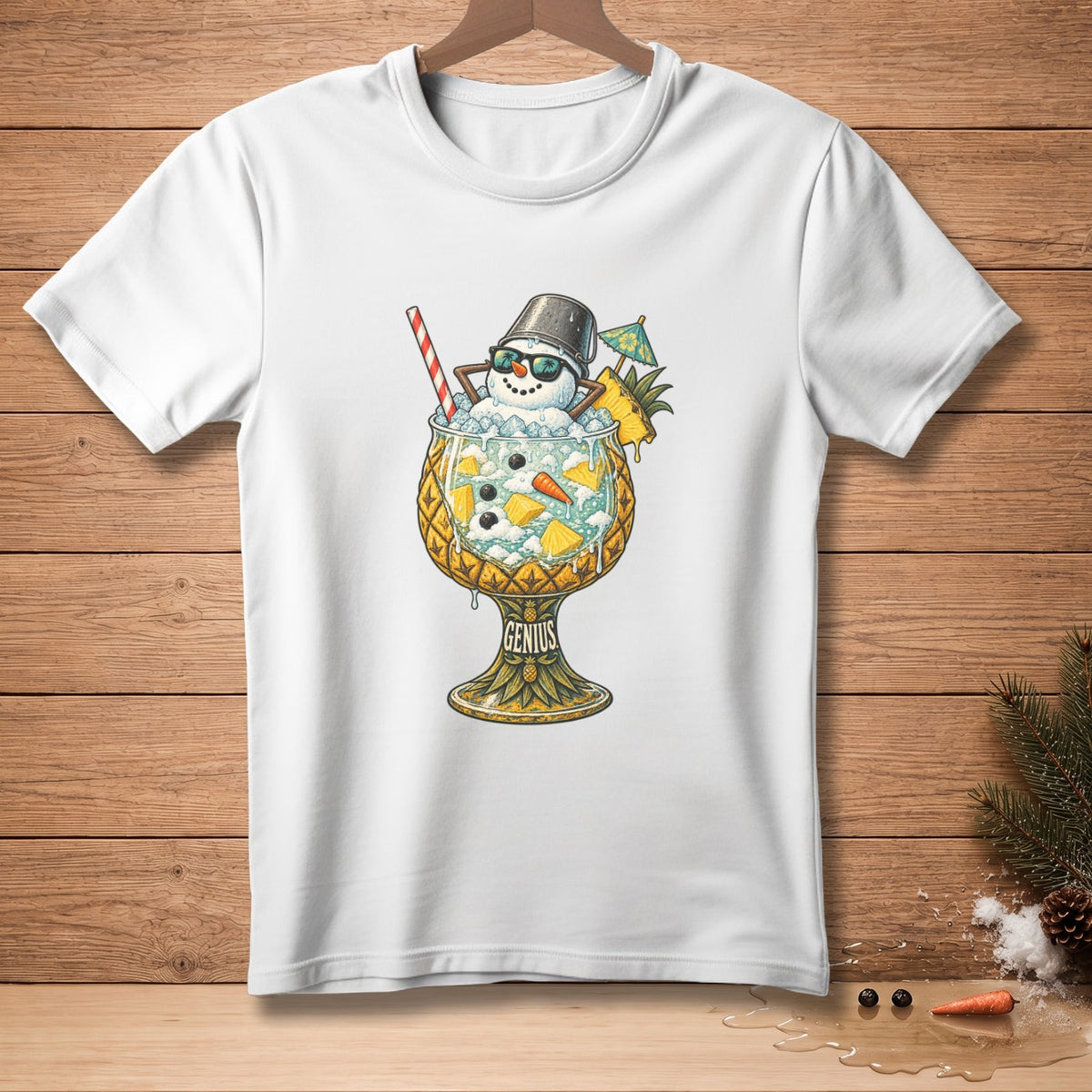 T-shirt graphic of a snowman in a pineapple cocktail with "Genius" written on the glass.
