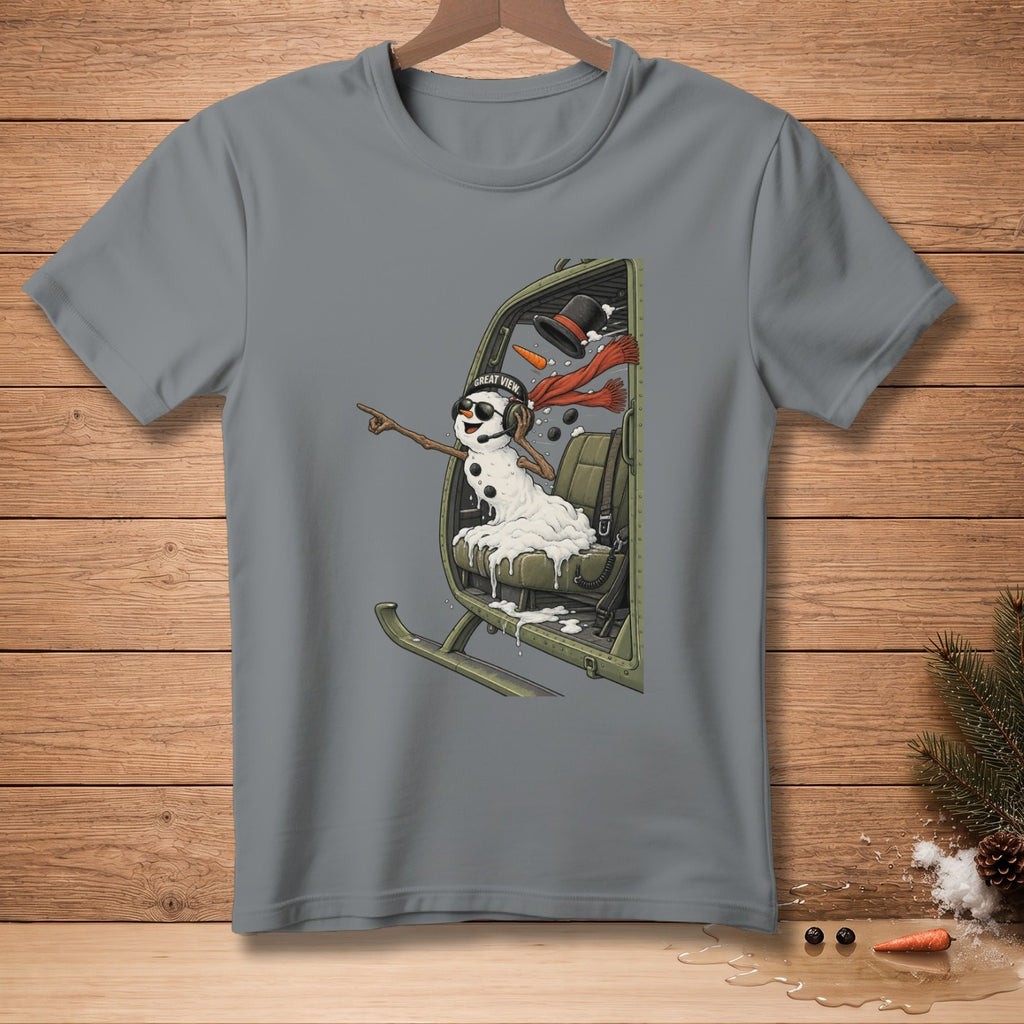 Snowman in a helicopter cockpit, wearing sunglasses and pointing. "Great View" text.