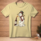 Melting snowman in top hat and scarf drinking from wine bottle labeled "Improvise."