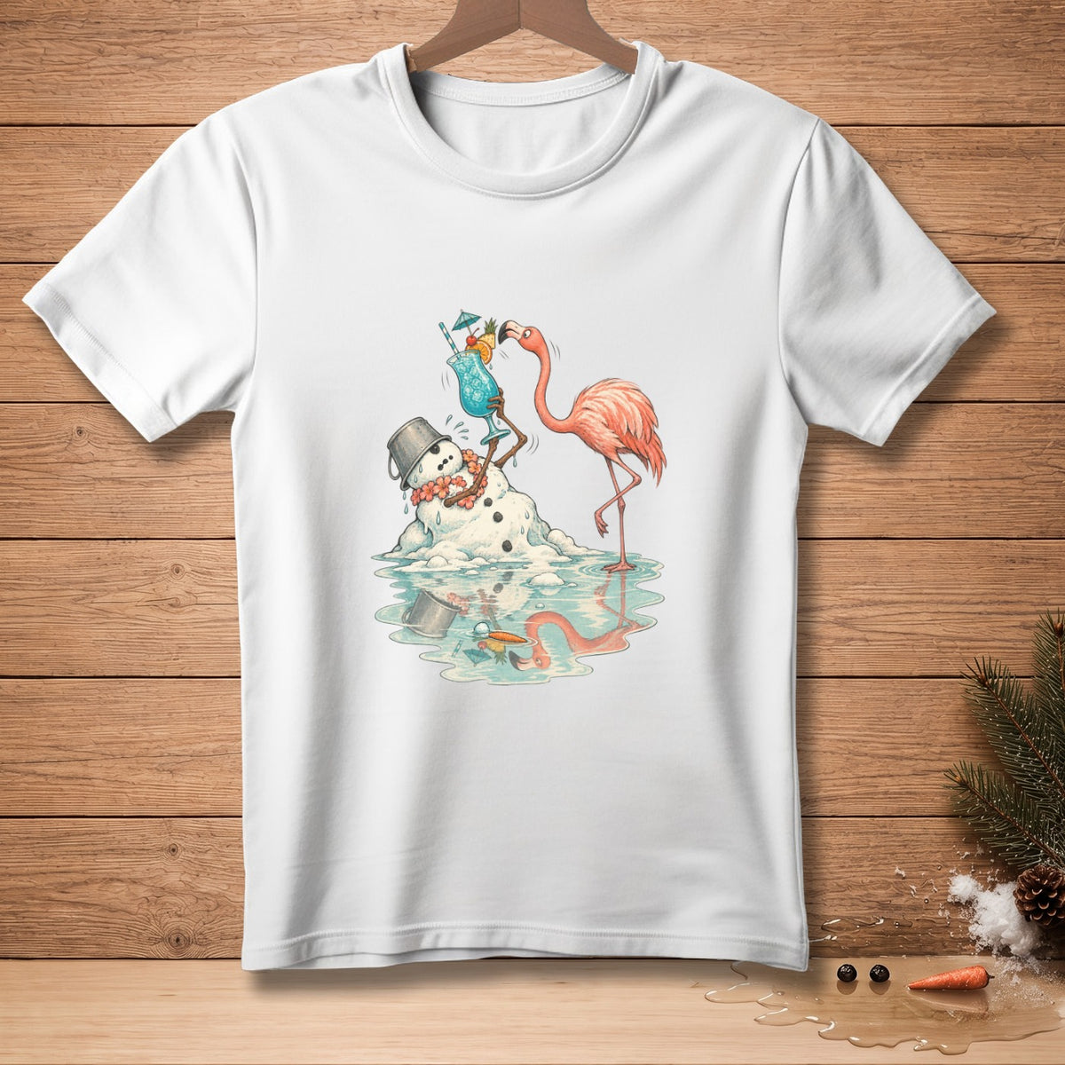 Melting snowman with a flamingo holds a tropical drink on a white t-shirt.