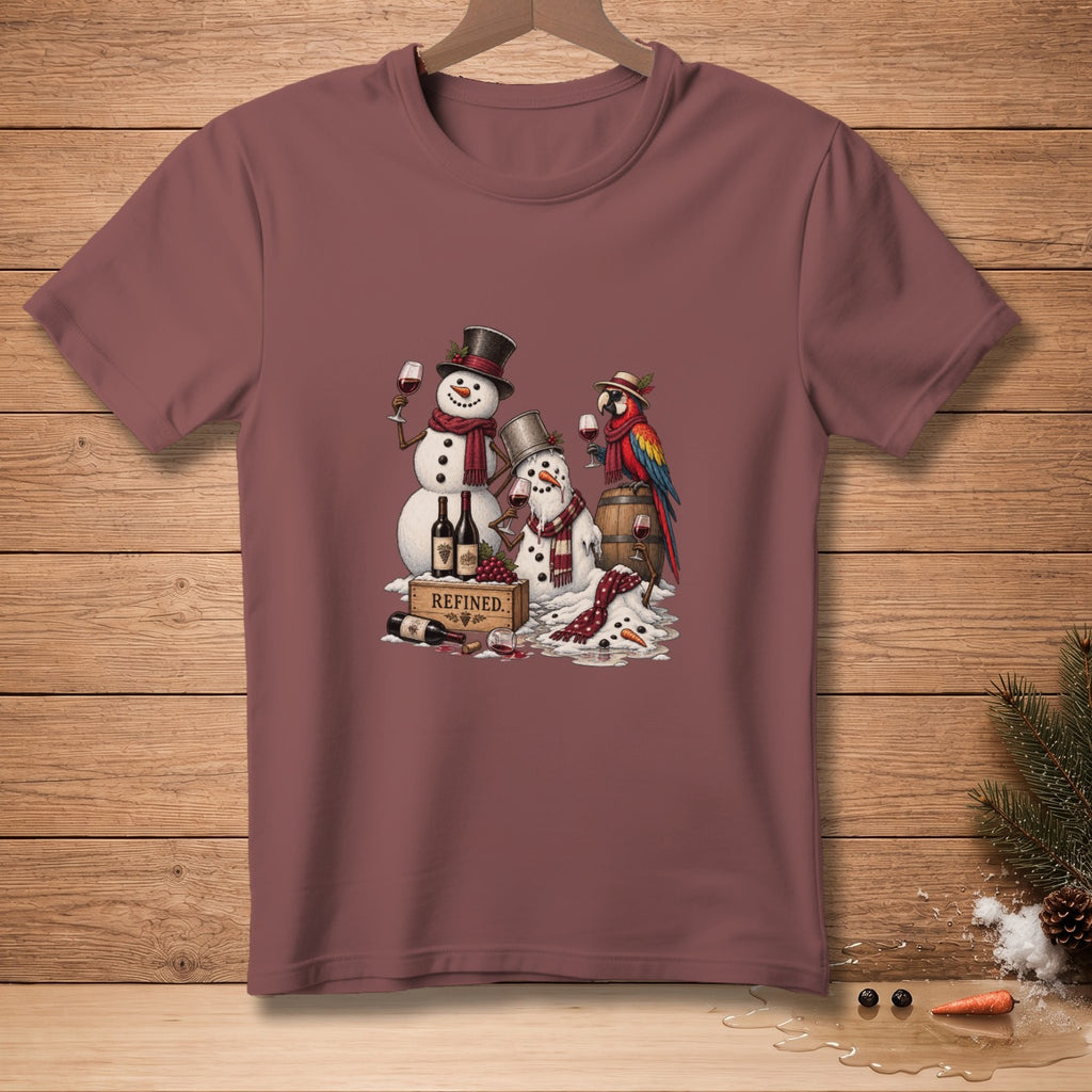 Two snowmen and a parrot enjoy wine and grapes next to a barrel and wine bottles.