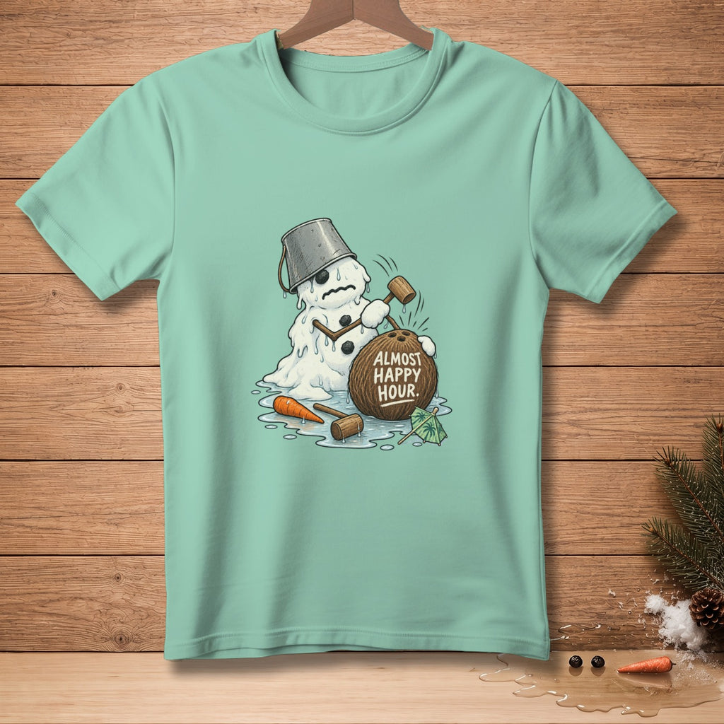 Melting snowman with bucket hat, hammers, and coconut reading "Almost Happy Hour."