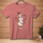 Melting snowman exercising with a jump rope and a bucket on its head.