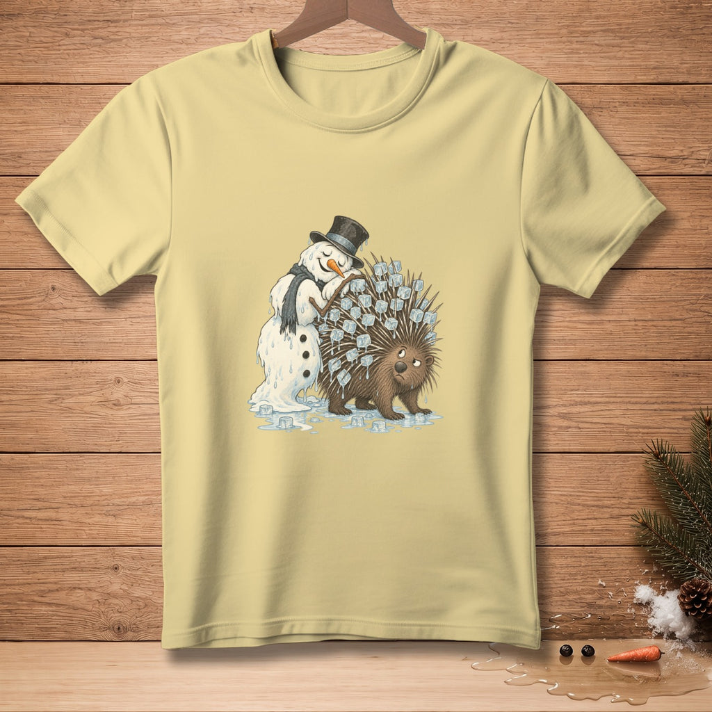 Snowman stuck in porcupine with ice cubes, melting on light yellow shirt.