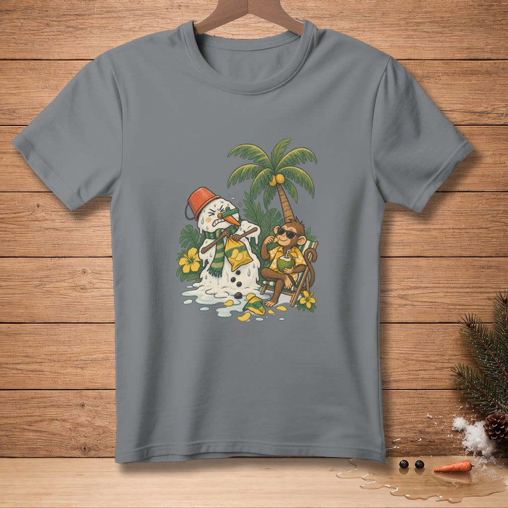 Melting snowman with bucket and scarf next to monkey on beach chair.