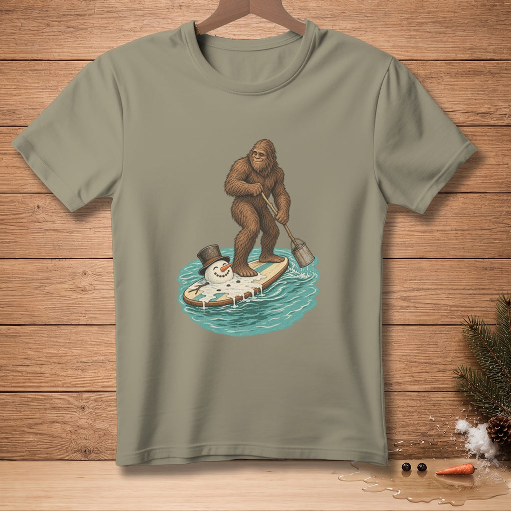 Bigfoot paddleboarding with a melting snowman on a surfboard.