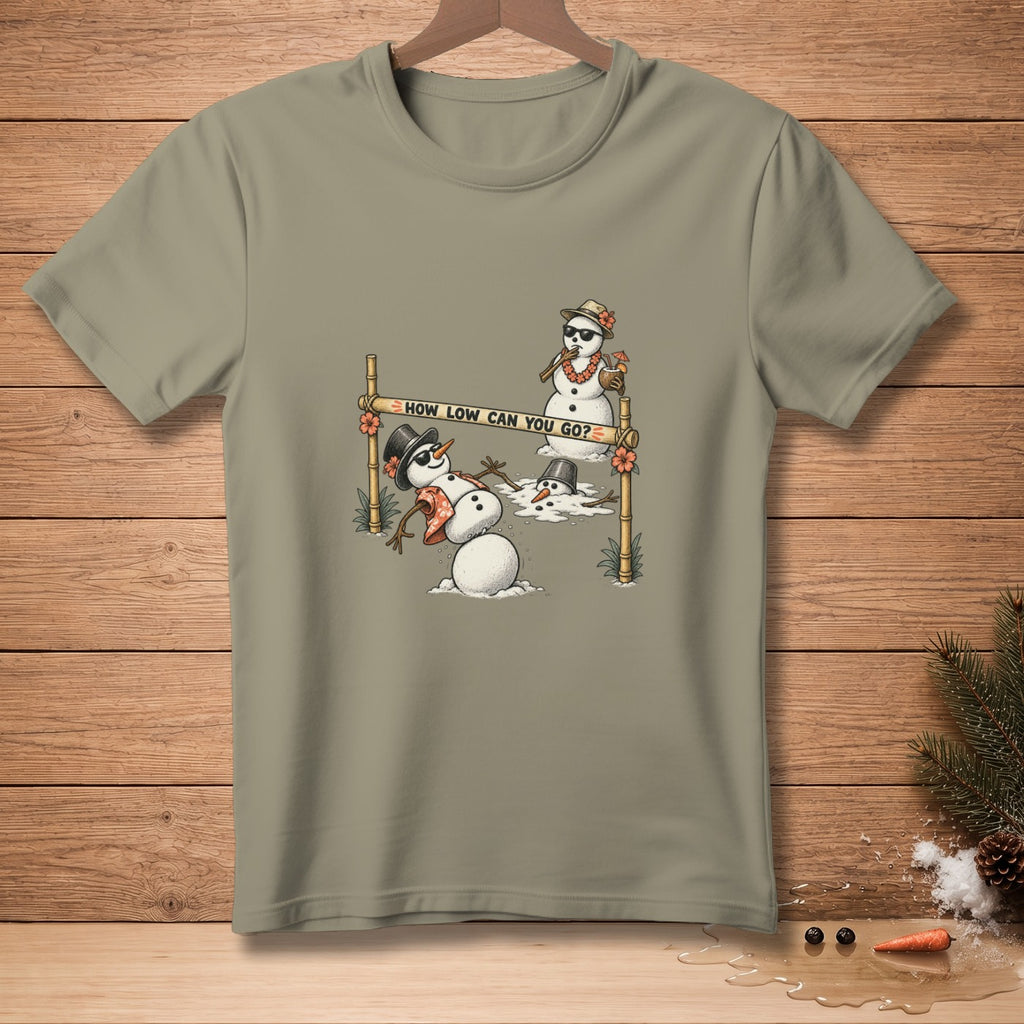 T-shirt with cartoon snowmen playing limbo, "HOW LOW CAN YOU GO?" text.
