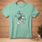T-shirt with graphic of a falling snowman in pieces with text "SO FAR SO GOOD".
