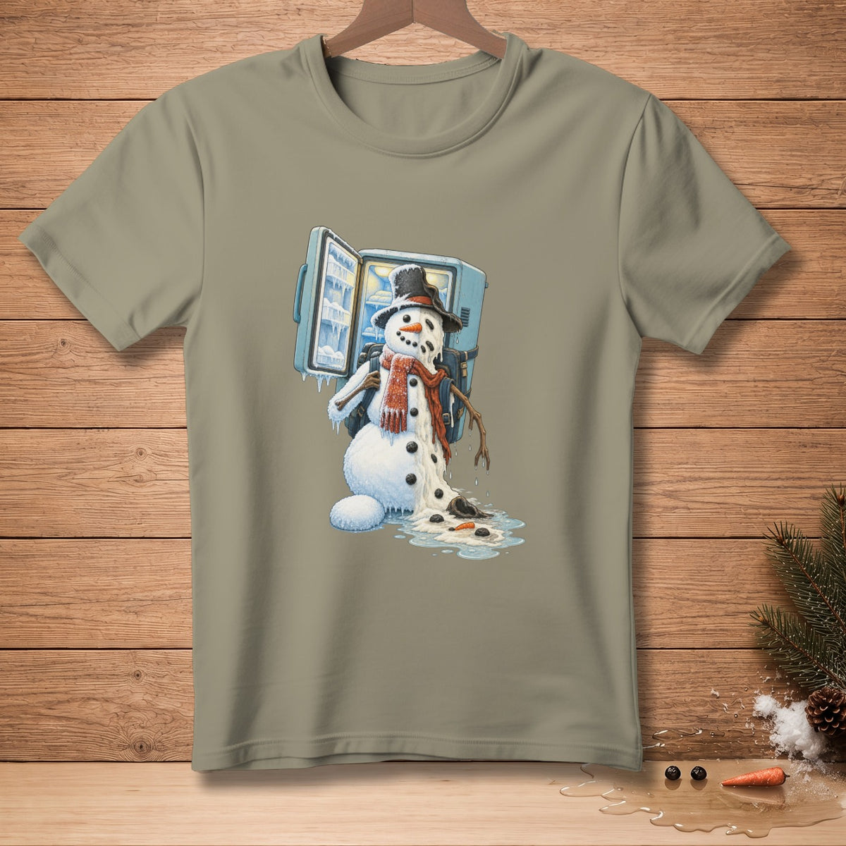 Melting snowman with scarf and hat exits open refrigerator.