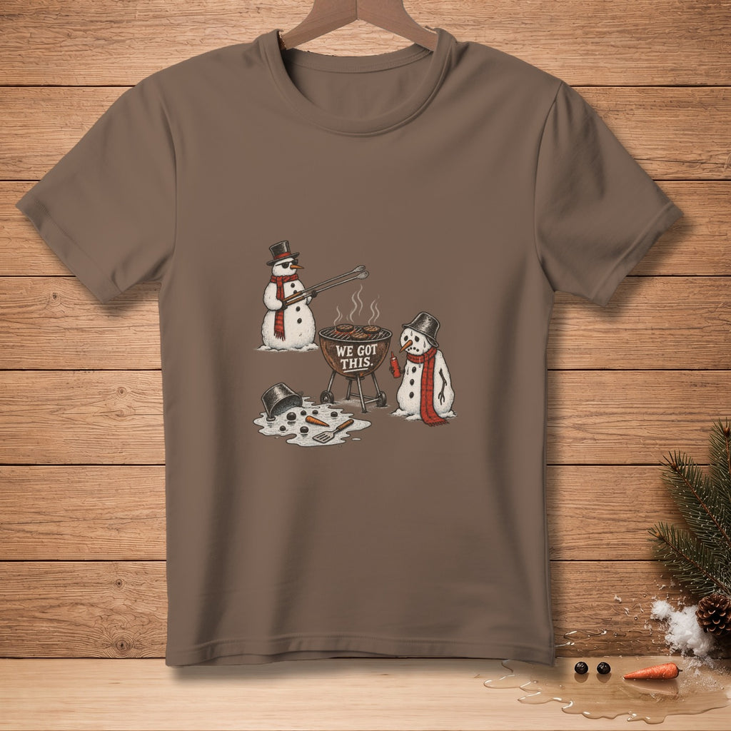 Two snowmen grill burgers and sausages, with text "WE GOT THIS."