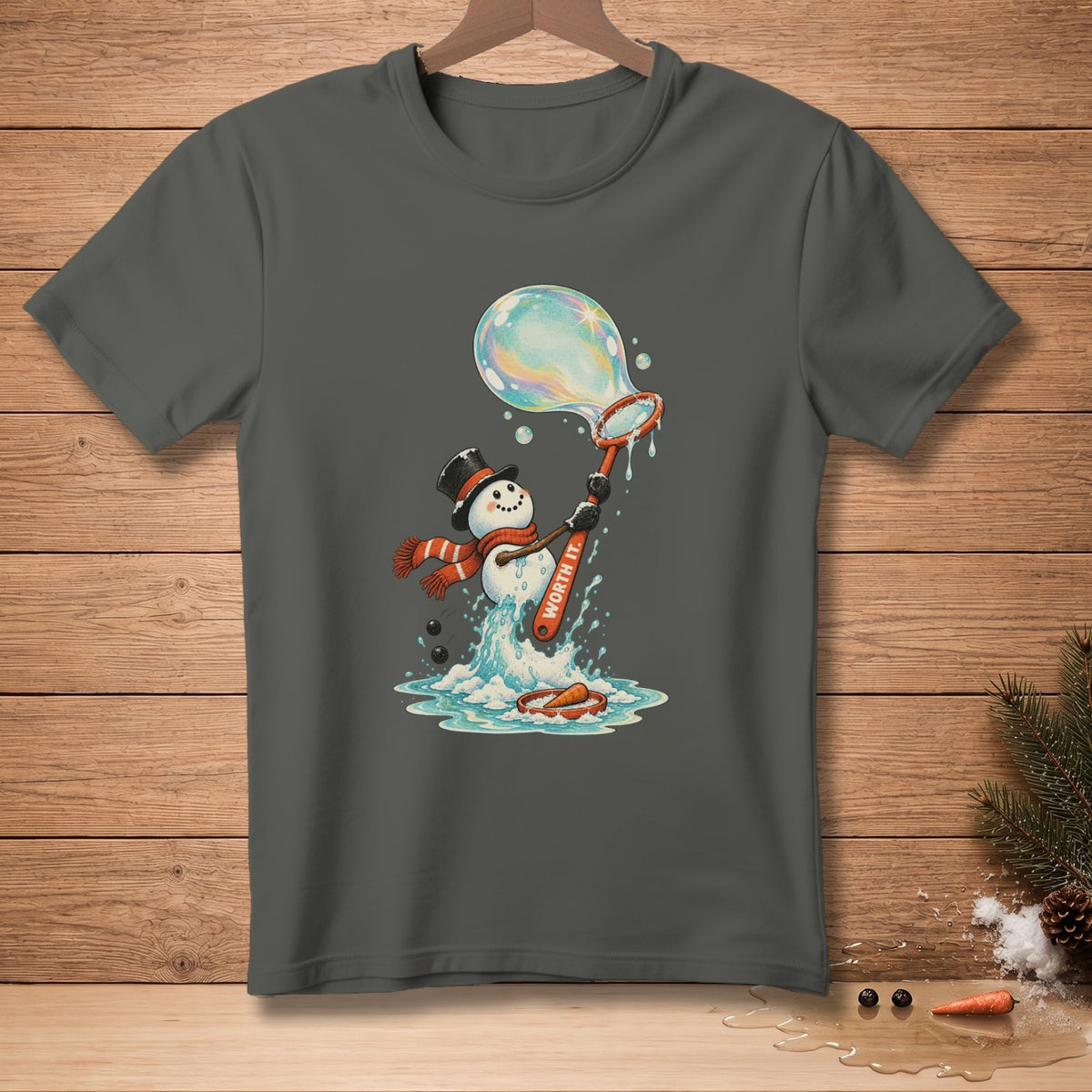 Snowman in a hat and scarf blows a bubble with a wand that says "Worth It".