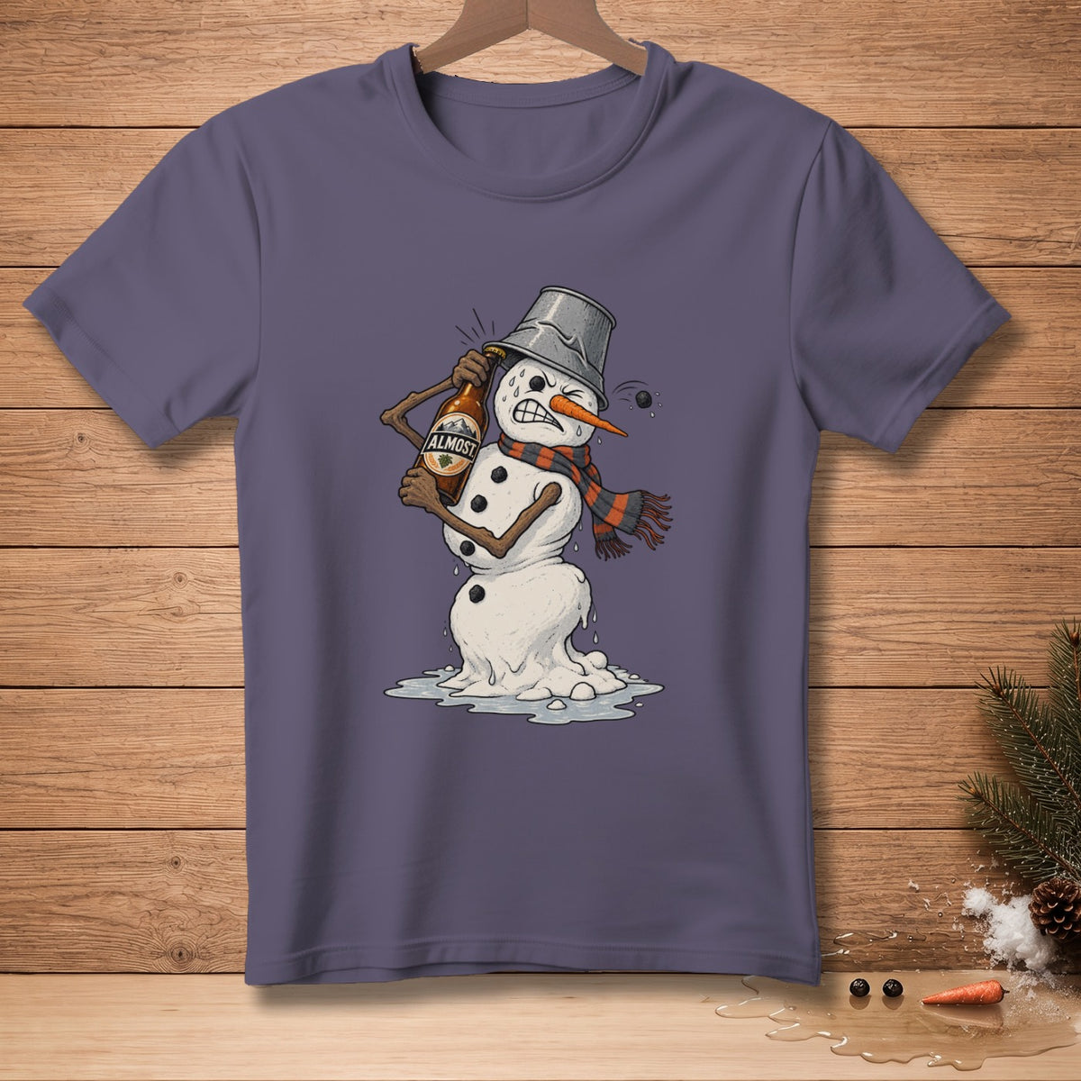 Melting snowman with bucket hat and bottle of "Almost" beer.
