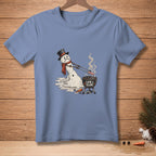 Melting snowman in top hat grills hot dogs with "Low & Slow" text.