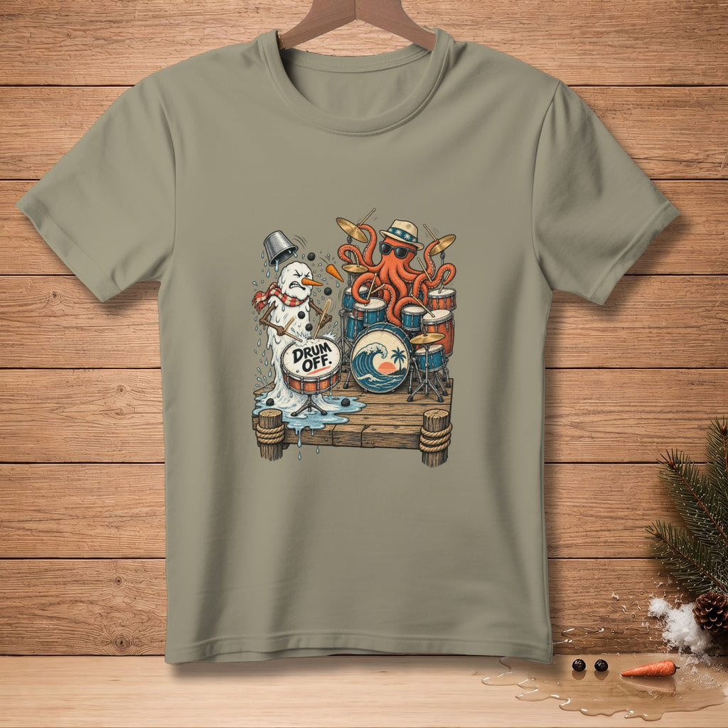 Octopus and melting snowman play drums on a dock with "Drum Off." text.