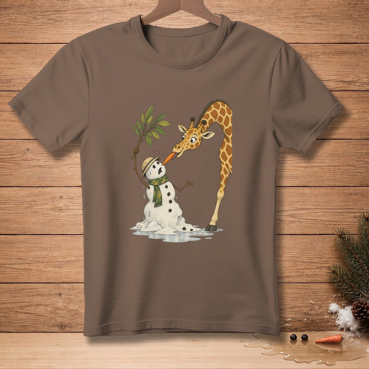 Giraffe feeds carrot to melting snowman wearing scarf and hat.