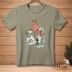 Flamingo and snowmen in Hawaiian shirts taking a photo booth picture with "MEMORIES" text.