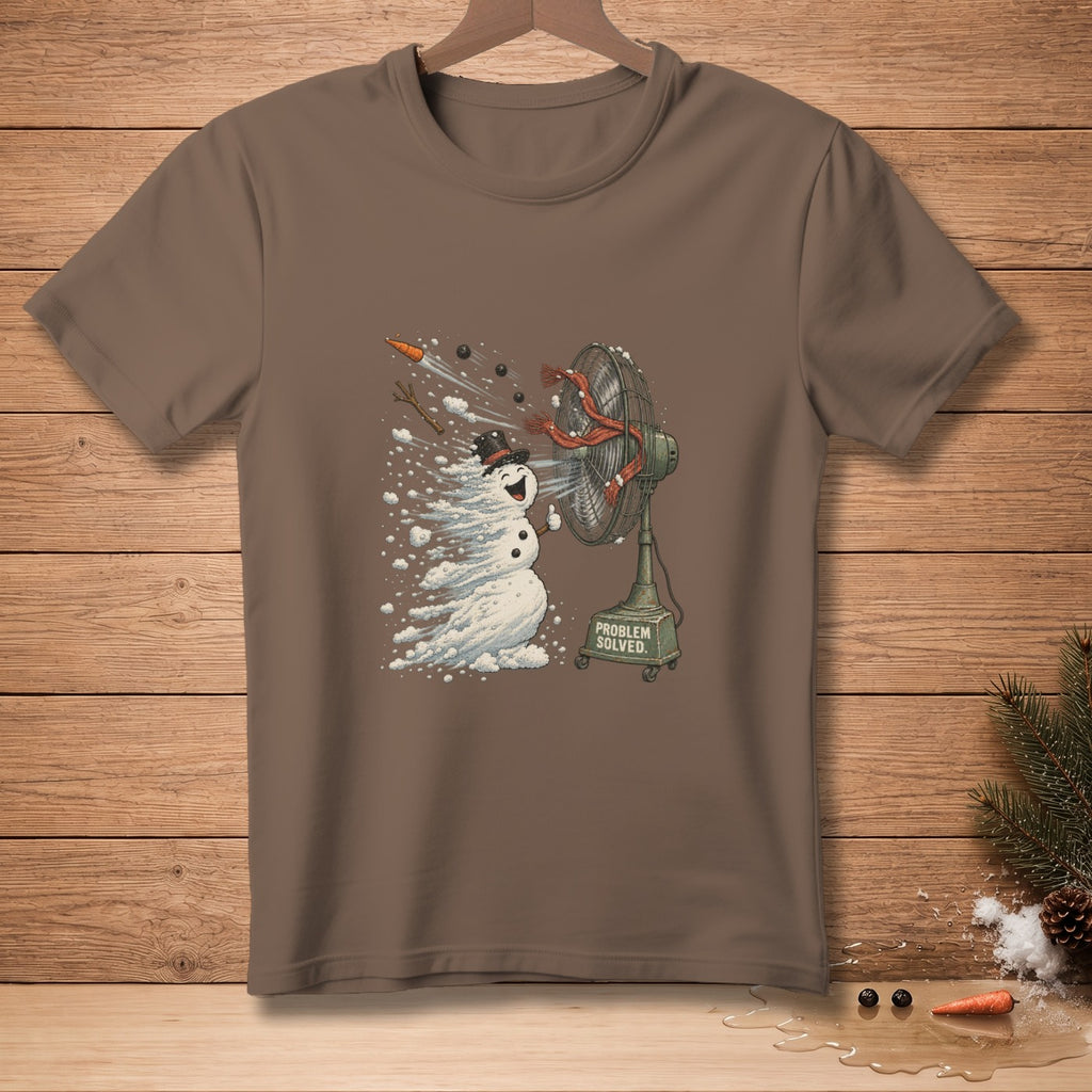 Happy snowman blowing snow with a fan, saying "PROBLEM SOLVED".