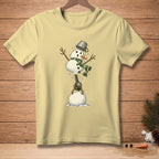 Snowman with bucket hat and scarf firing a snowball from a cannon labeled "More Power".