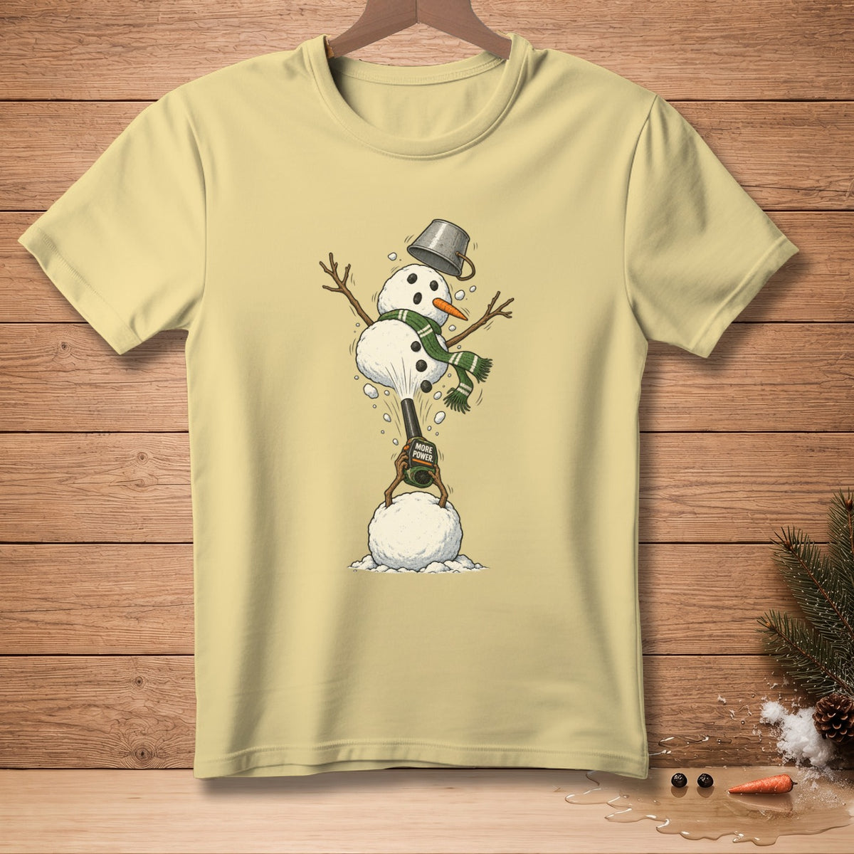 Snowman with bucket hat and scarf firing a snowball from a cannon labeled "More Power".