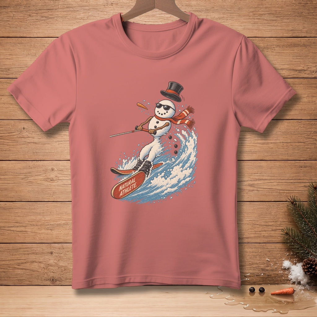 Snowman waterskiing on a wave with text "Natural Athlete" on the ski.