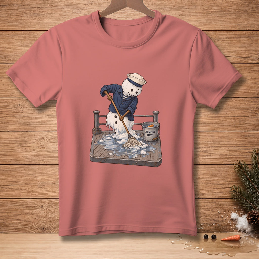 Snowman in sailor attire mopping up a wet deck with a bucket labeled "ALMOST DRY."